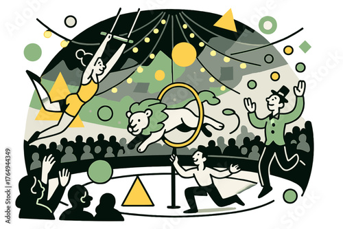 Circus Light Magic. Circus Lights. Wide view of a circus arena with glowing lights, audience, and performers with floating abstract geometric shapes, lively