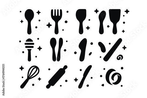 Handmade Wooden Utensils. Handmade Wooden Utensils. Solid icons set of Handmade Wooden Utensils: spoon, fork, ladle, spatula, honey dipper, salad tongs,