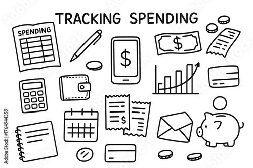Spending Tracker Doodle. Tracking Spending. Hand-drawn doodle illustration Tracking Spending ledger, pen, coins, bills, calculator, wallet, credit card,