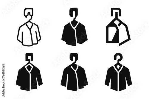 Coat Hook Logos. Hanging up a coat. Set Logo of Hanging up a coat: wall-mounted coat hook with hanging coat. harmonious logo variations of the same emblematic