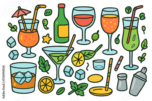 Colorful Cocktail Doodles. fancy cocktails. Colorful Hand-drawn doodle Children illustration fancy cocktails cocktail glass, wine glass, martini, whiskey