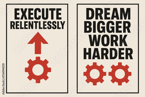 Brutalist Banner Design. Execute relentlessly. Two vertical A6 banners with safe margins, centered composition, no elements touching edges, brutalist, black