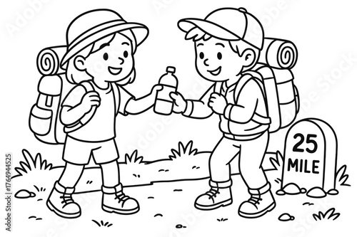 Travelers Helping Each Other. Gratitude and kindness on the road children?s coloring book illustration, outlined drawing, travelers sharing water and helping