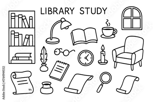 Library Study Doodles. Library study. Hand-drawn doodle illustration library study bookshelf, open book, reading lamp, glasses, coffee cup, chair, notebook,