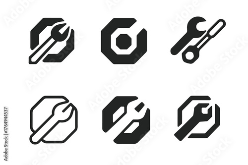 Torque Tuning Logos. Car mechanics working on engines. Set Logo of torque tuning: torque wrench and bolt head. Icon set. harmonious logo variations of the same