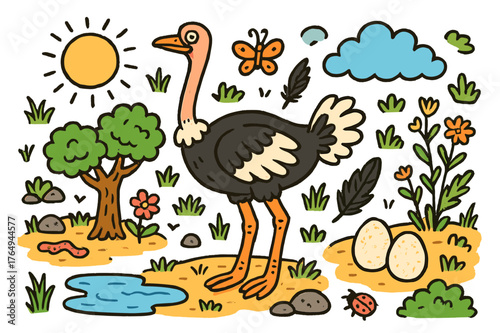Colorful Ostrich Scene. african ostrich. Colorful Hand-drawn doodle Children illustration african ostrich ostrich, grass, sand, sun, cloud, tree, rocks,