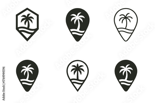 Tropical Island Logo Designs. Island hopping and tropical vacation spots. Set Logo of Island hopping and tropical vacation spots: a map pin with palm tree