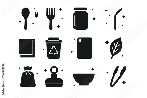 Eco Kitchen Icons. Eco Kitchen Tools. Solid icons set of Eco Kitchen Tools: bamboo spoon, wooden fork, glass jar, reusable straw, cotton towel, compost bin,