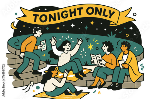 Starlit Amphitheater Vibes. Amphitheater ? Audience on Stone Tiers. People settle with blankets and programs; stars rise above the rim of the bowl. Ribbon text