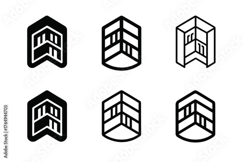 Corner Bookshelf Icons. A Corner Bookshelf That Fits Perfectly in a Small Space. Set Logo of Corner Shelf Icon: Minimal outline, Negative space, Flat solid,