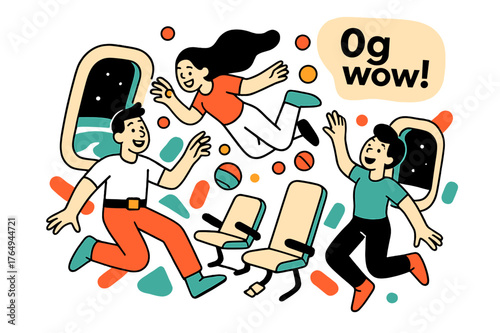 Zero-Gravity Playtime. Zero-G Cabin Play. Seatbelts click open and travelers hover, chasing floating candy spheres; a playful tag reads ?0g wow!?. Window
