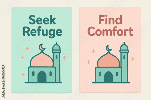 Seek Refuge, Find Comfort. Refuge in Him. Two vertical A6 banners with safe margins, centered composition, no elements touching edges, cartoon, pastel mint and