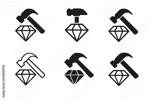 Artisan Jewelry Logos. Local artisan jewelry. Set Logo of Local artisan jewelry: hammer and gem symbol. harmonious logo variations of the same emblematic