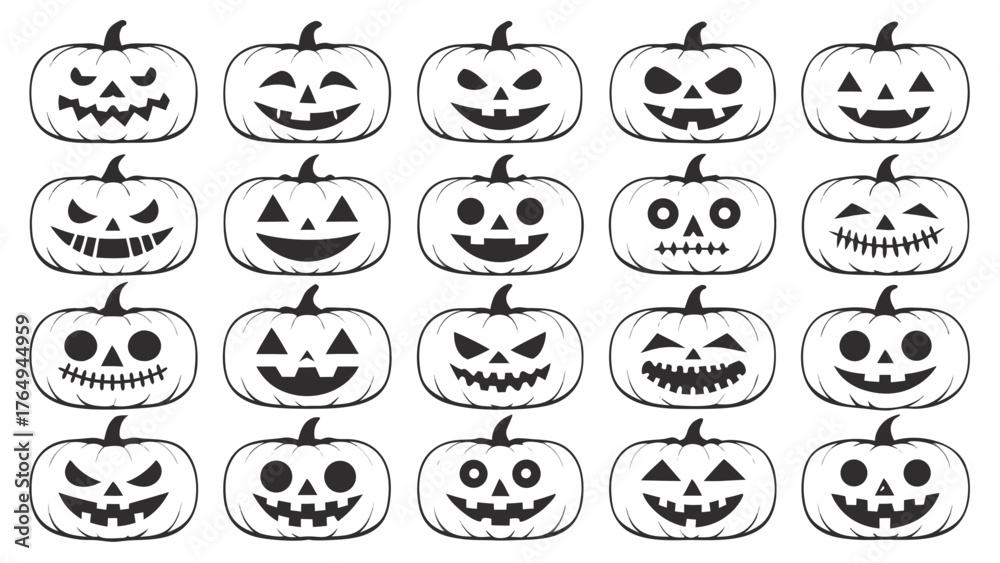 Fototapeta premium Halloween Pumpkin Faces Jack O Lantern Carving Ideas Black and White Illustration Grid