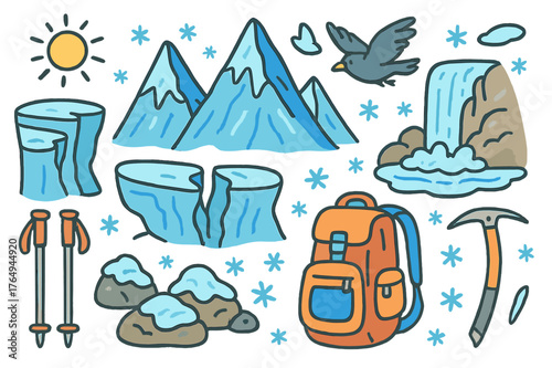 Frozen Mountain Adventure. Frozen peaks. Colorful Hand-drawn doodle Children illustration Frozen peaks sharp mountains, ice layers, glacier crevasse, frosty