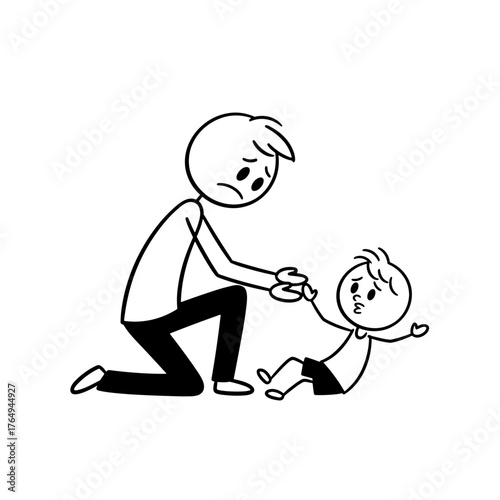 Man on his knees helping a fallen child, concept of compassion  