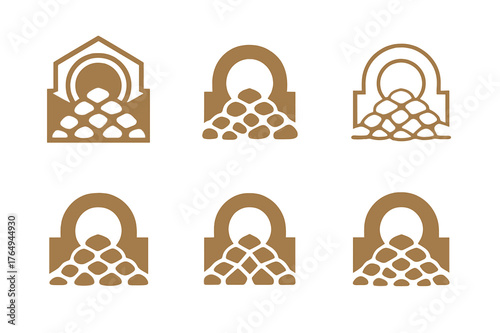 Drainage Logo Variations. Drainage pipes in trench. Set Logo of Drainage pipes in trench: culvert outlet with riprap energy dissipation. harmonious logo