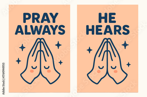 Kawaii Prayer Banners. Prayer. Two vertical A6 banners with safe margins, centered composition, no elements touching edges, kawaii, peach and navy, friendly