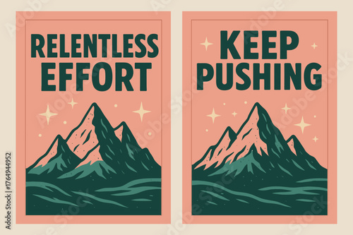 Retro Motivation Banners. Relentless effort. Two vertical A6 banners with safe margins, centered composition, no elements touching edges, retro, pink and teal,
