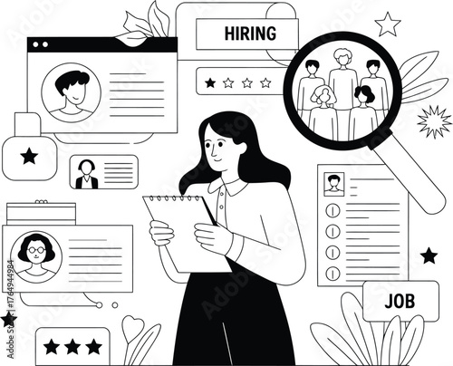 Woman reviewing resumes and candidates during a hiring process