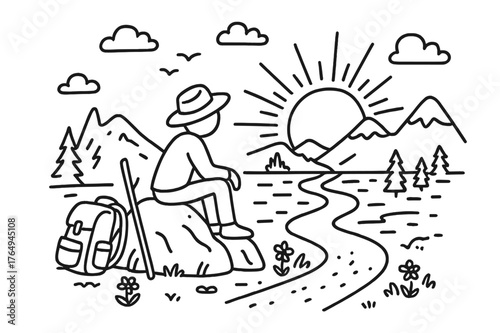 Solitary Sunset Gaze. Solitary Traveler. Hand-drawn doodle illustration Solitary Traveler person sitting on rock, gazing at sunset, mountains, clouds, river,