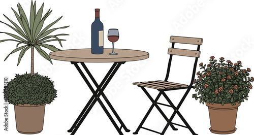 Outdoor bistro set with plants and wine for relaxation