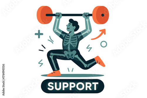Dynamic Bone Strength. Exercise ? Strong Bones. Figure lifts a clean shape bar above the head; subtle X-ray lines show sturdy structure. Word ?support? glows