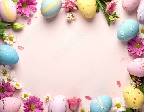 A cheerful Easter composition with brightly painted and patterned eggs framed by pink daisies and small white flowers on a soft, light pink background.