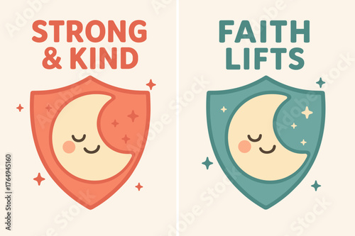Kawaii Moon Banners. Gentle Might. Two vertical A6 banners with safe margins, centered composition, no elements touching edges, kawaii, coral and teal, smiling