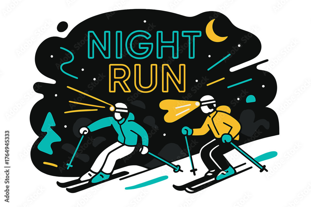 Fototapeta premium Neon Night Skiing. Night Skiing Glow. Headlamps streak like comets; the mountain hums under a crescent moon. Neon ?Night Run? letters hover in the cold air.