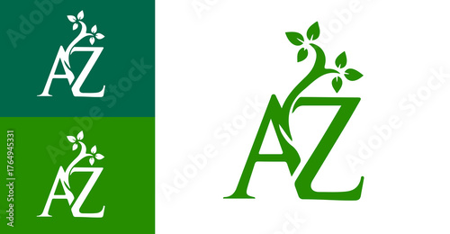 Nature Inspired Letter AZ with Green Leaves Logo Design. Letter AZ Logo Design.