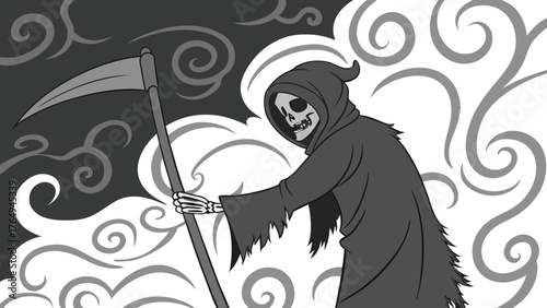 Grim Reaper Cartoon Illustration Dark Eerie Skull Scythe