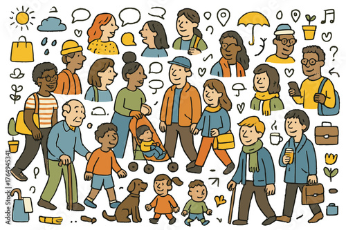 Diverse Crowd Doodle. Large gathering. Hand-drawn doodle illustration people (colored), different skin tones (colored), hairstyles (colored), glasses