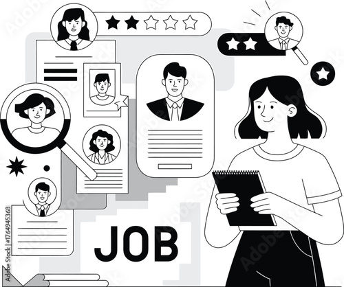 Woman reviewing job applications and resumes on a tablet screen