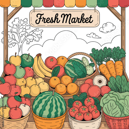 Vibrant illustration of a bustling fresh market stall overflowing with a colorful assortment of ripe fruits and vegetables