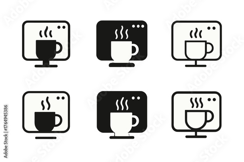 Virtual Coworking Logos. Virtual coworking cafes. Set Logo of Virtual coworking cafes: video call window with steaming mug. harmonious logo variations of the