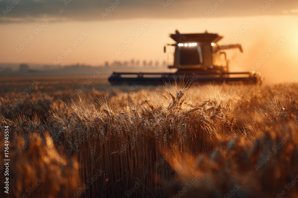 Fototapeta premium Combine Harvester Cutting Rye at Golden Hour in Vibrant Realism