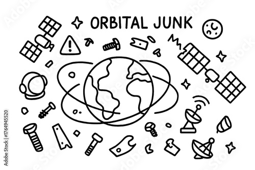 Space Debris Doodle. Orbital junk. Hand-drawn doodle illustration orbital junk satellites, bolts, metal plates, rocket parts, Earth orbit, radar dish, warning