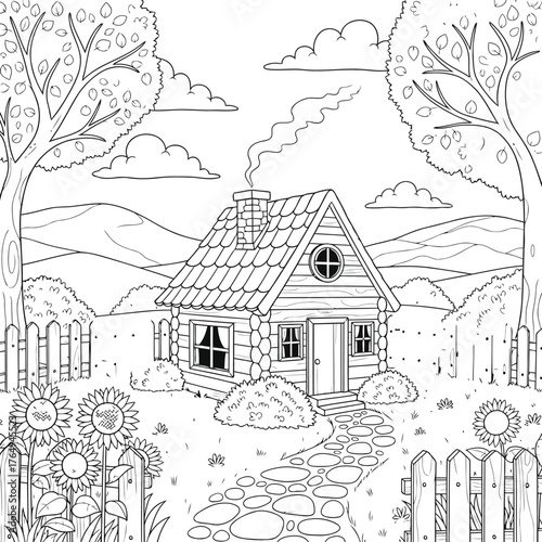 Charming rustic wooden cabin nestled in a picturesque landscape with sunflowers and rolling hills awaiting coloring