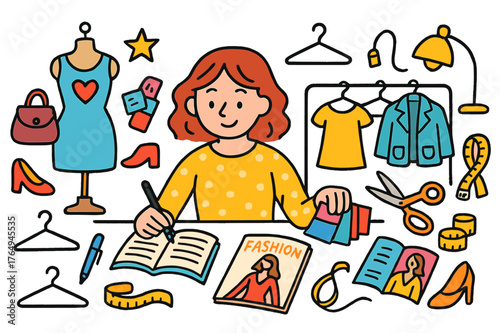 Fashion Editor's Workspace. fashion editor reviewing clothing samples. Colorful Hand-drawn doodle Children illustration fashion editor reviewing clothing