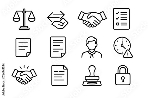 Negotiation Icons Set. Negotiation. Line icon set of Negotiation: scales, counteroffer arrows, handshake, concession list, BATNA card, terms sheet, mediator,