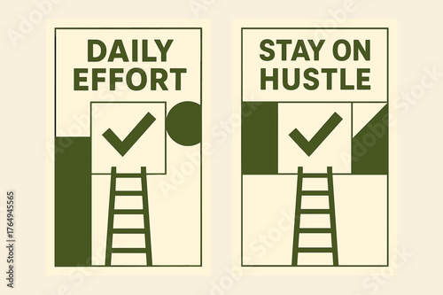 Daily Hustle Banners. Daily effort. Two vertical A6 banners with safe margins, centered composition, no elements touching edges, geometric, olive green and
