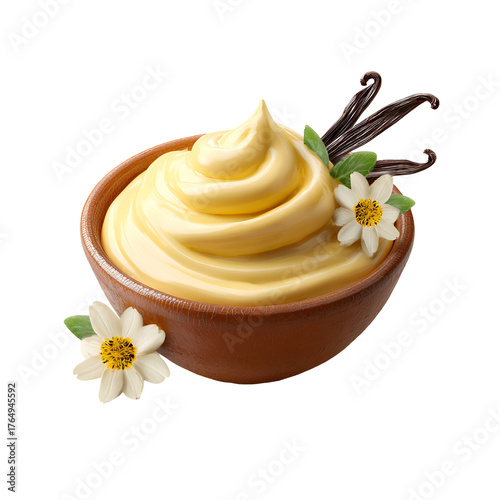 Creamy vanilla custard dessert in a bowl with vanilla beans and flowers