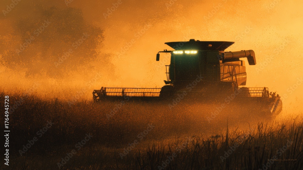 Fototapeta premium Combine Harvester in Mid-Harvest with Dust and Golden Light