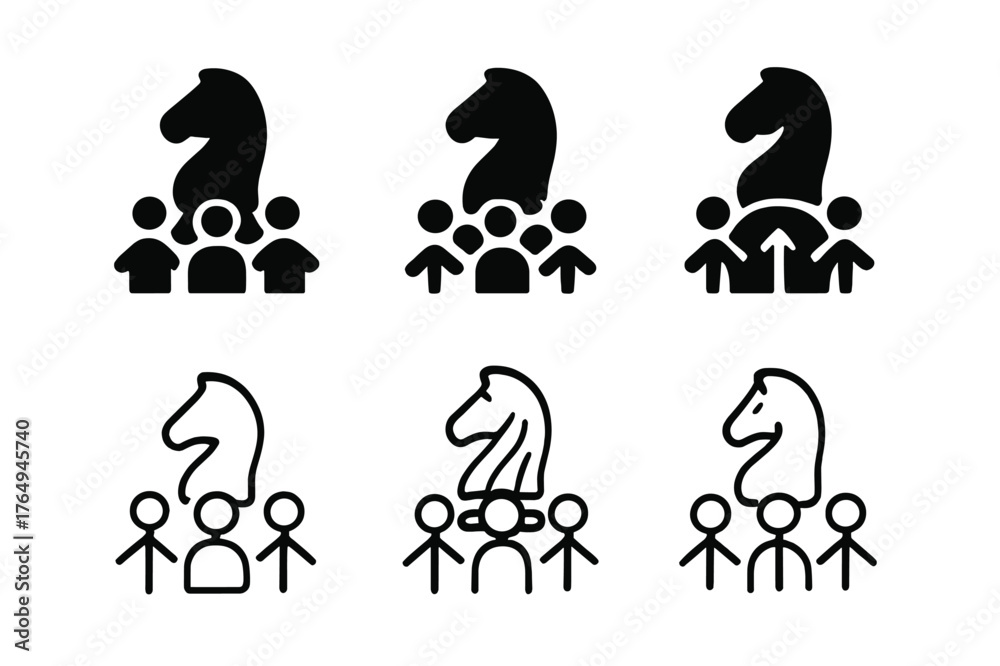 Obraz premium Political Influence Logos. Political influence. Set Logo of Political influence: chess knight guiding crowd arrows. Icon set. harmonious logo variations of the
