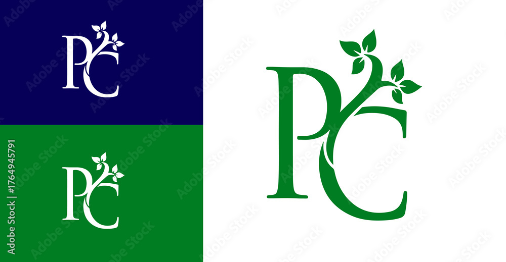 Fototapeta premium Innovative Letter PC with Leaf Logo Design. Logo Design For Natural and Organic Brands.