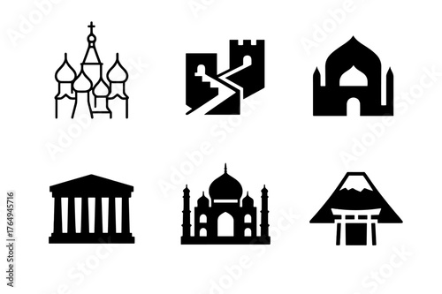 Minimalist Eurasian Landmarks. Eurasia. Set Logo of Cultural Landmarks: Minimal outline, Abstract geometric, Negative space, Flat solid, Symmetrical form,