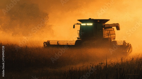 Combine Harvester in Mid-Harvest with Dust and Golden Light