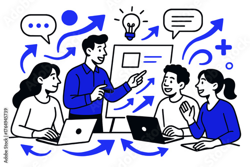 Dynamic Team Brainstorming. Team communication. Team members exchanging ideas with whiteboard and laptops; abstract floating arrows, icons, and chat bubbles