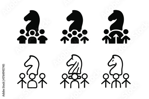 Political Influence Logos. Political influence. Set Logo of Political influence: chess knight guiding crowd arrows. Icon set. harmonious logo variations of the